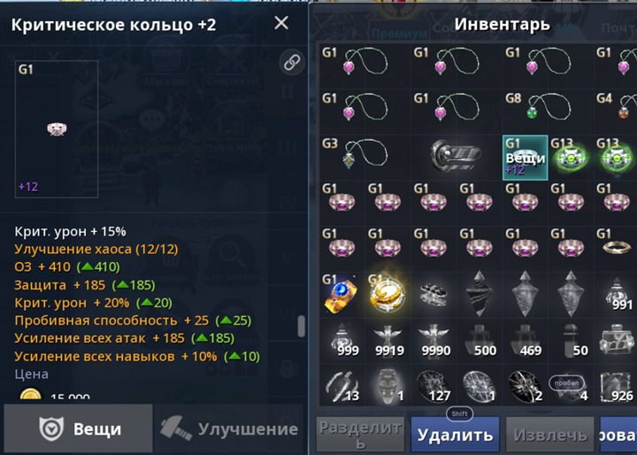Характеристики критического кольца и украшения в инвентаре